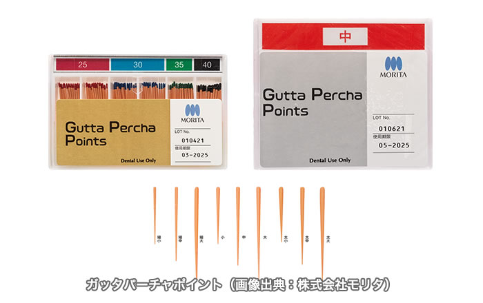 根管充填剤として使用されるガッタパーチャは、ガッタパーチャポイントと呼ばれ、ガッタパーチャに加え、酸化亜鉛などが配合されています。